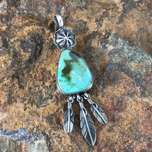 Royston Turquoise Sterling Silver Pendant w Feathers by Bernyse Chavez