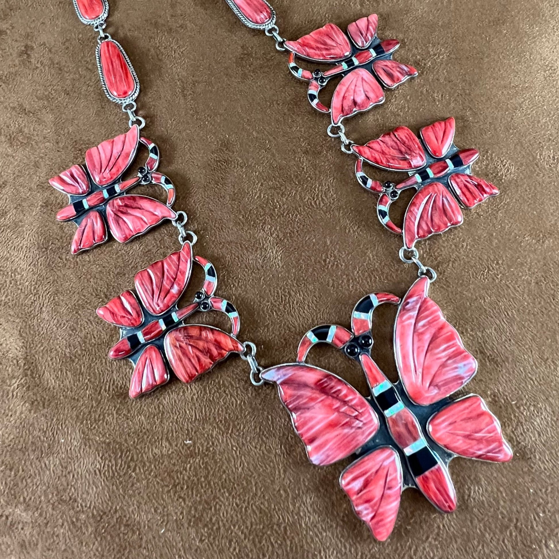 Vintage 26" Inlaid Orange Spiny Sterling Silver Necklace Butterfly by Kirk Smith - Estate Jewelry