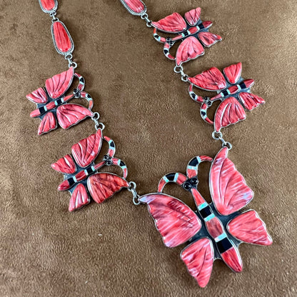 Vintage 26" Inlaid Orange Spiny Sterling Silver Necklace Butterfly by Kirk Smith - Estate Jewelry