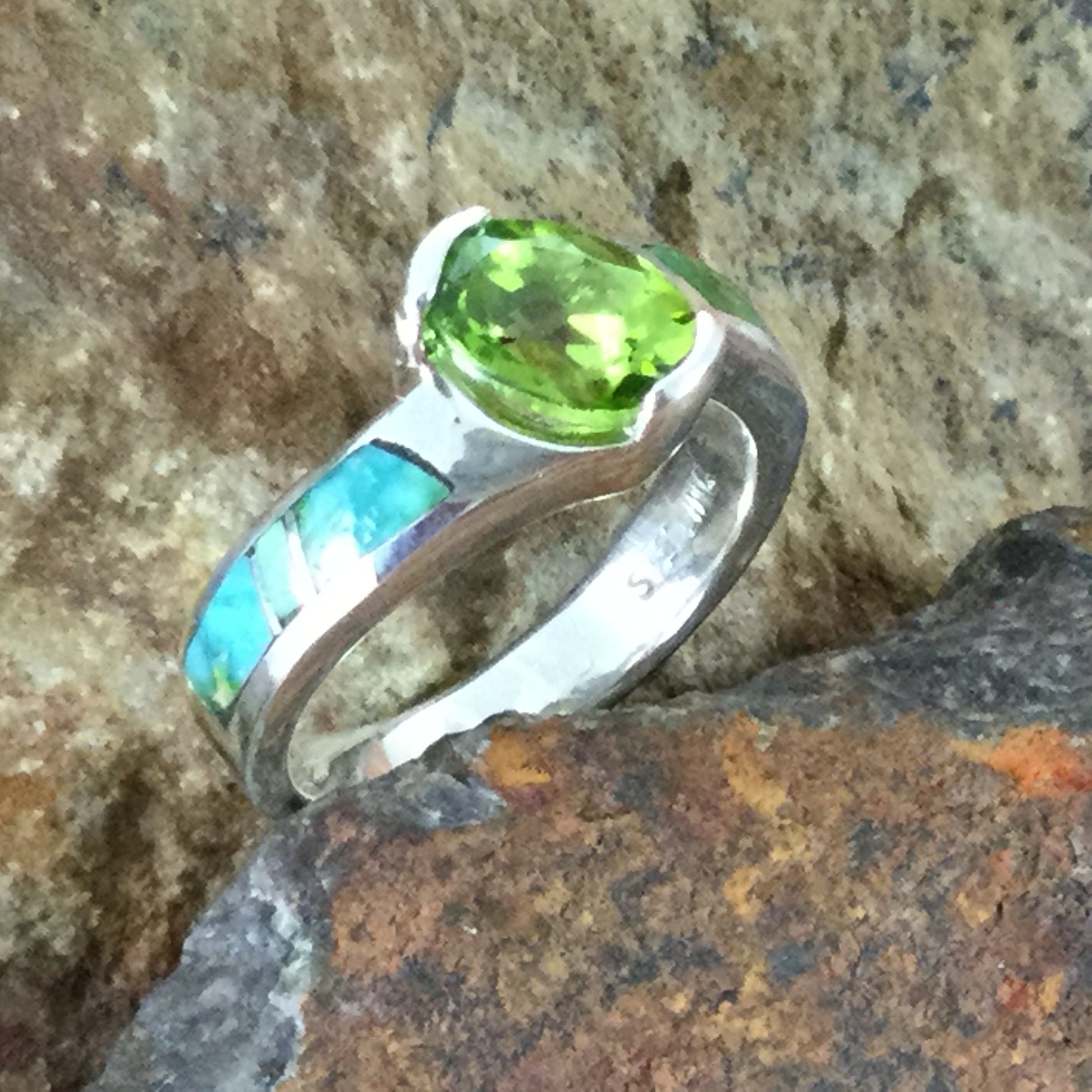 David Rosales Sonoran Gold Inlaid Sterling Silver Ring w/ Peridot