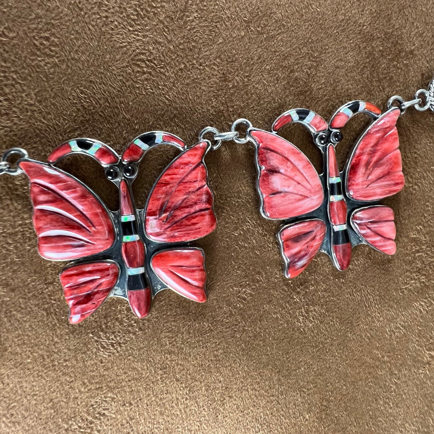 Vintage 26" Inlaid Orange Spiny Sterling Silver Necklace Butterfly by Kirk Smith - Estate Jewelry