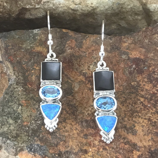 David Rosales Black Beauty Inlaid Sterling Silver Earrings w/ Blue Topaz