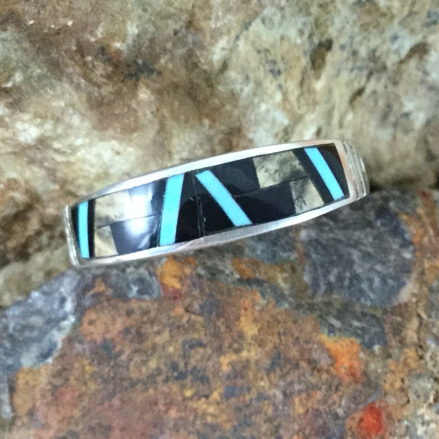 David Rosales Turquoise Creek Fancy Inlaid Sterling Silver Ring