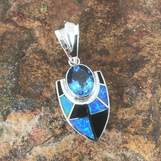 David Rosales Black Beauty Inlaid Sterling Silver Pendant w/ Blue Topaz