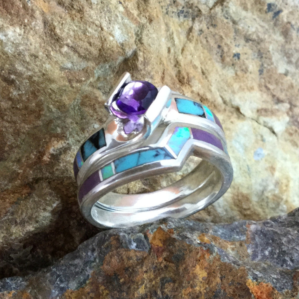 David Rosales Shalako Inlaid Sterling Silver Ring Set w/ Amethyst