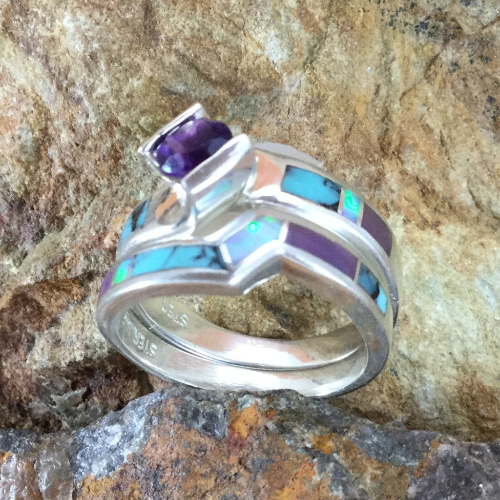 David Rosales Shalako Inlaid Sterling Silver Ring Set w/ Amethyst