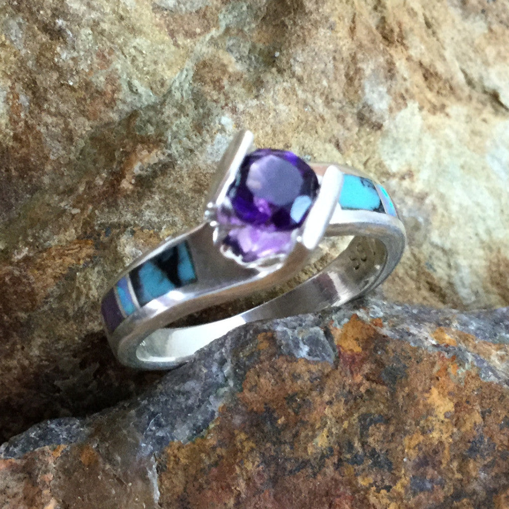 David Rosales Shalako Inlaid Sterling Silver Ring Set w/ Amethyst