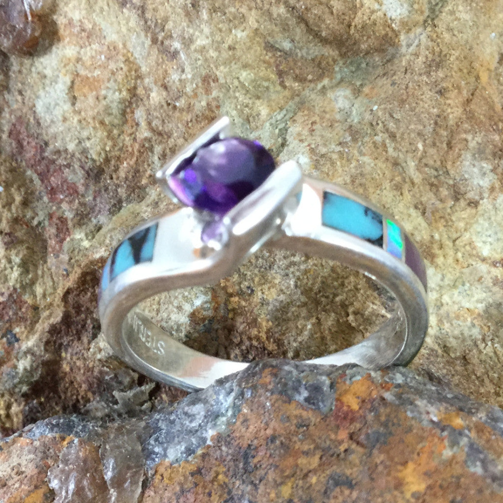 David Rosales Shalako Inlaid Sterling Silver Ring Set w/ Amethyst