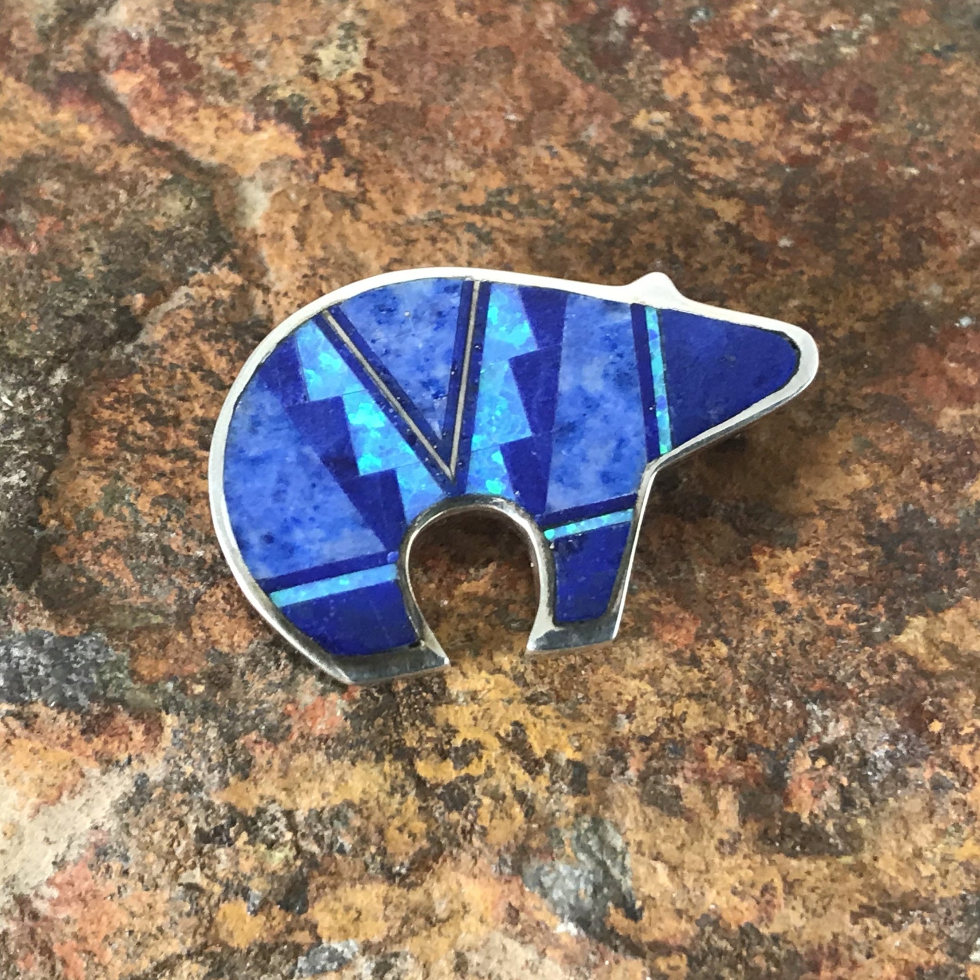 David Rosales Blue Sky Fancy Inlaid Sterling Silver Pin Bear