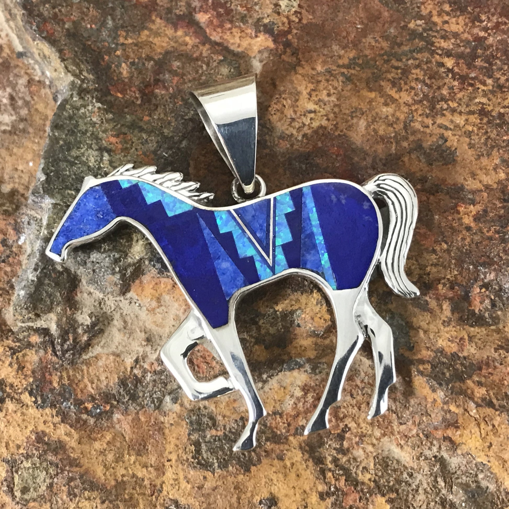 David Rosales Blue Sky Fancy Inlaid Sterling Silver Pendant Horse