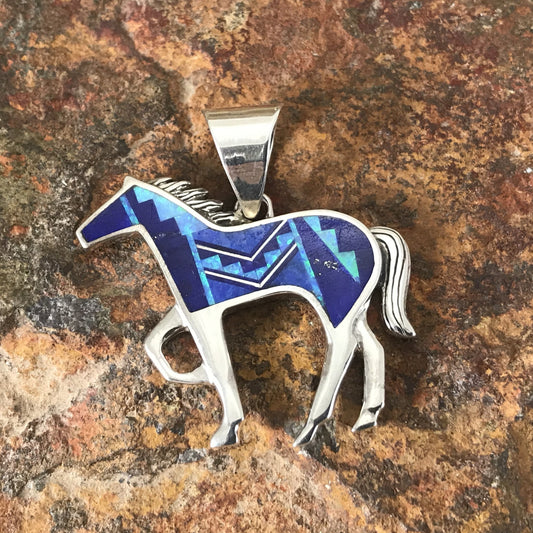 David Rosales Blue Sky Fancy Inlaid Sterling Silver Pendant Horse