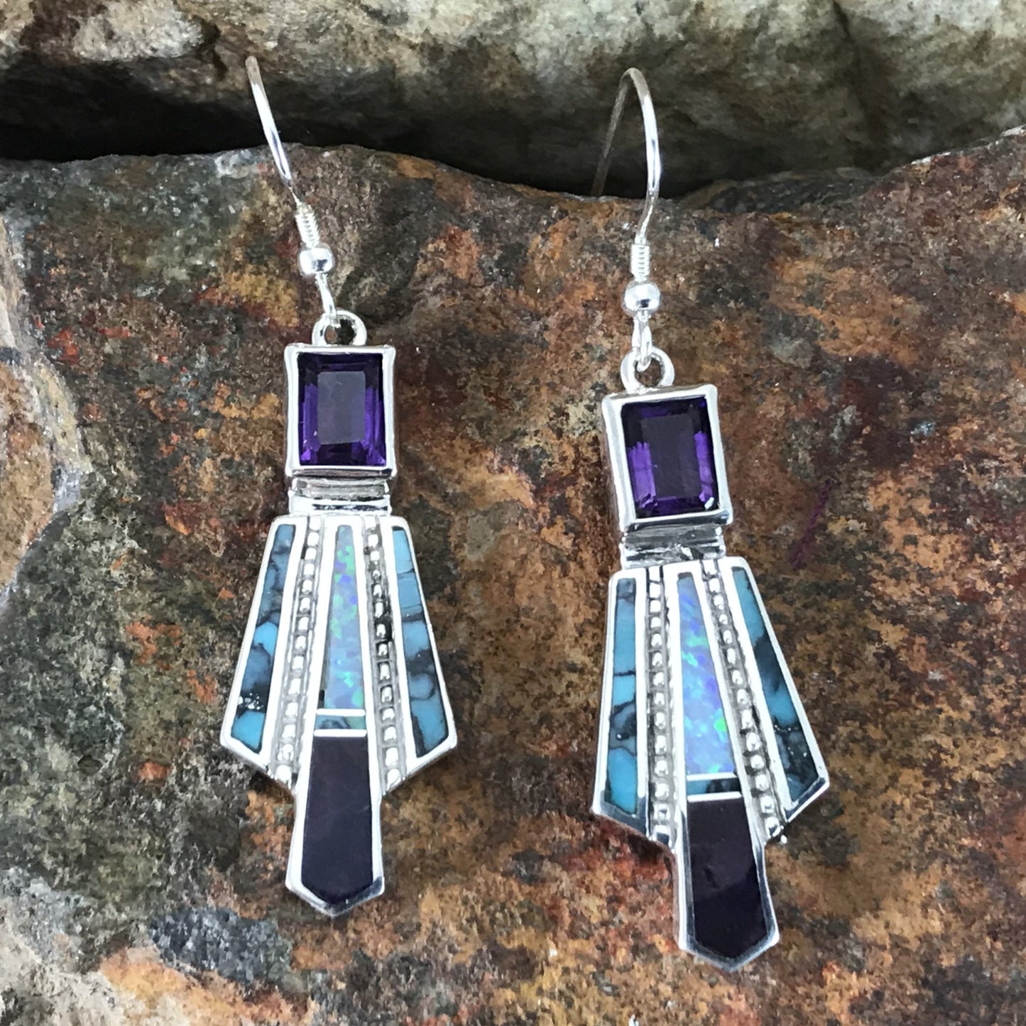 David Rosales Shalako Inlaid Sterling Silver Earrings w/ Amethyst