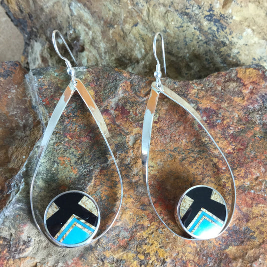 David Rosales Turquoise Creek Fancy Inlaid Sterling Silver Earrings