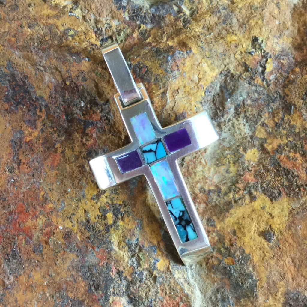 David Rosales Shalako Inlaid Sterling Silver Pendant Cross