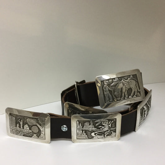 Vintage Story Teller Sterling Silver Concho Belt by Floyd Bicenti Sr - Estate Jewelry