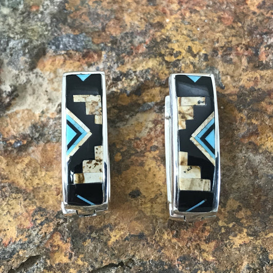 David Rosales Turquoise Creek Fancy Inlaid Sterling Silver Earrings Huggie