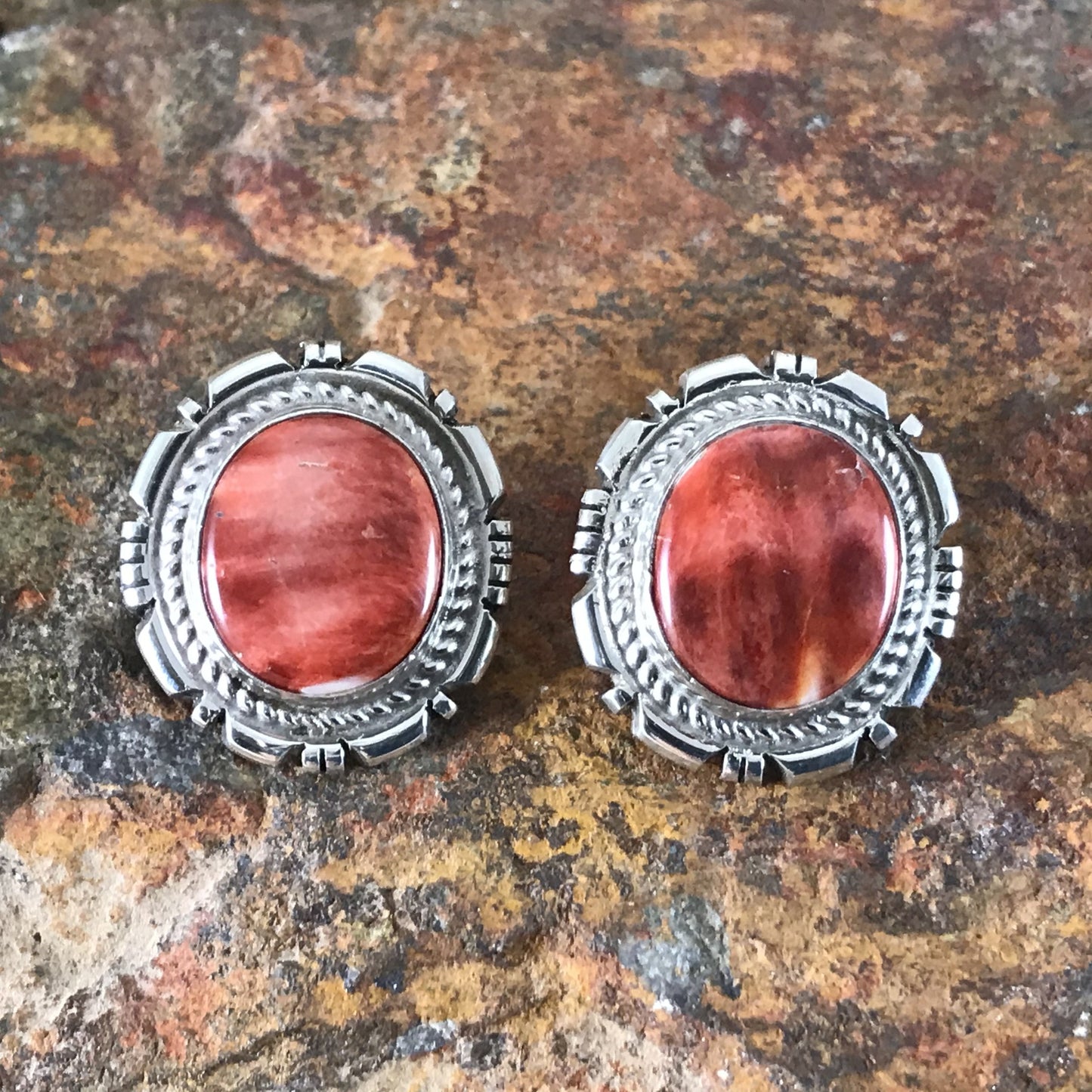 Orange Spiny Oyster Sterling Silver Earrings by Eddie Secatero