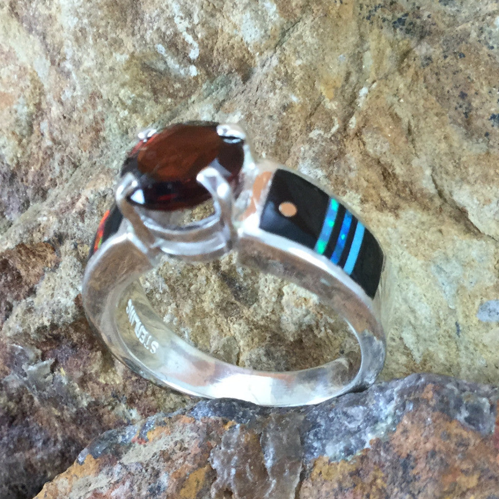 David Rosales Red Moon Inlaid Sterling Silver Ring w/ Red Garnet