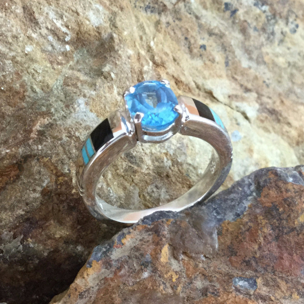 David Rosales Turquoise Creek Inlaid Sterling Silver Ring w Blue Topaz