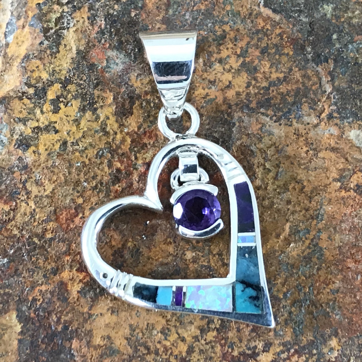 David Rosales Shalako Inlaid Sterling Silver Pendant Heart w Amethyst