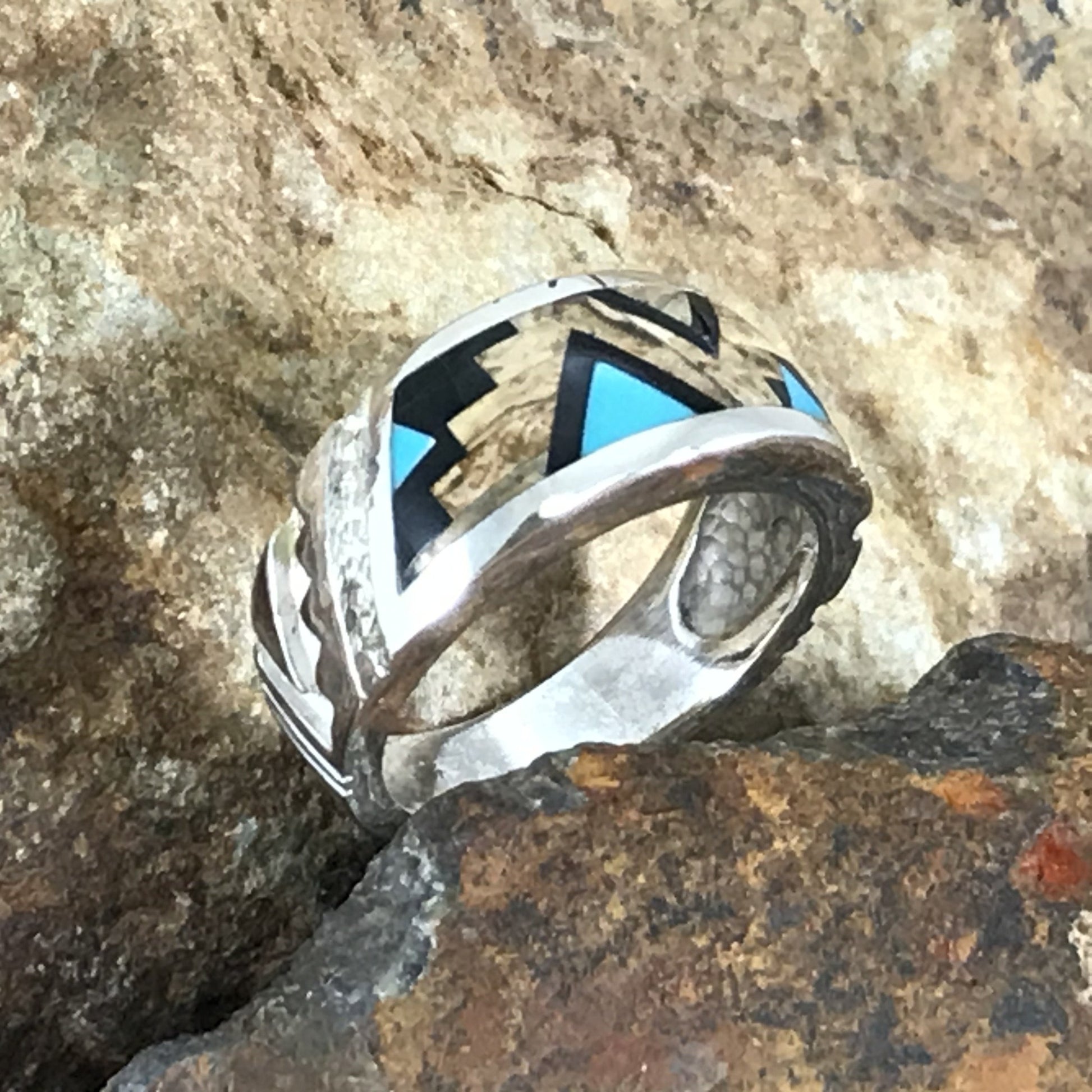 David Rosales Turquoise Creek Fancy Inlaid Sterling Silver Ring