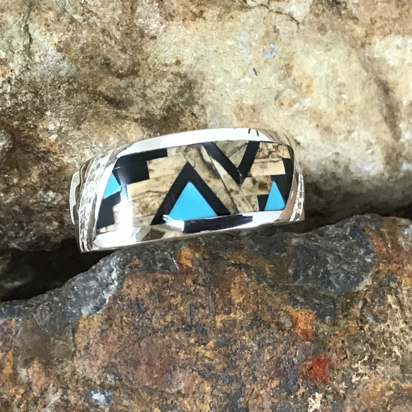 David Rosales Turquoise Creek Fancy Inlaid Sterling Silver Ring