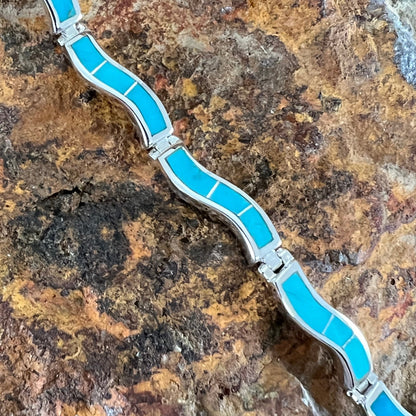 David Rosales Arizona Blue Inlaid Sterling Silver Wavy Link Bracelet