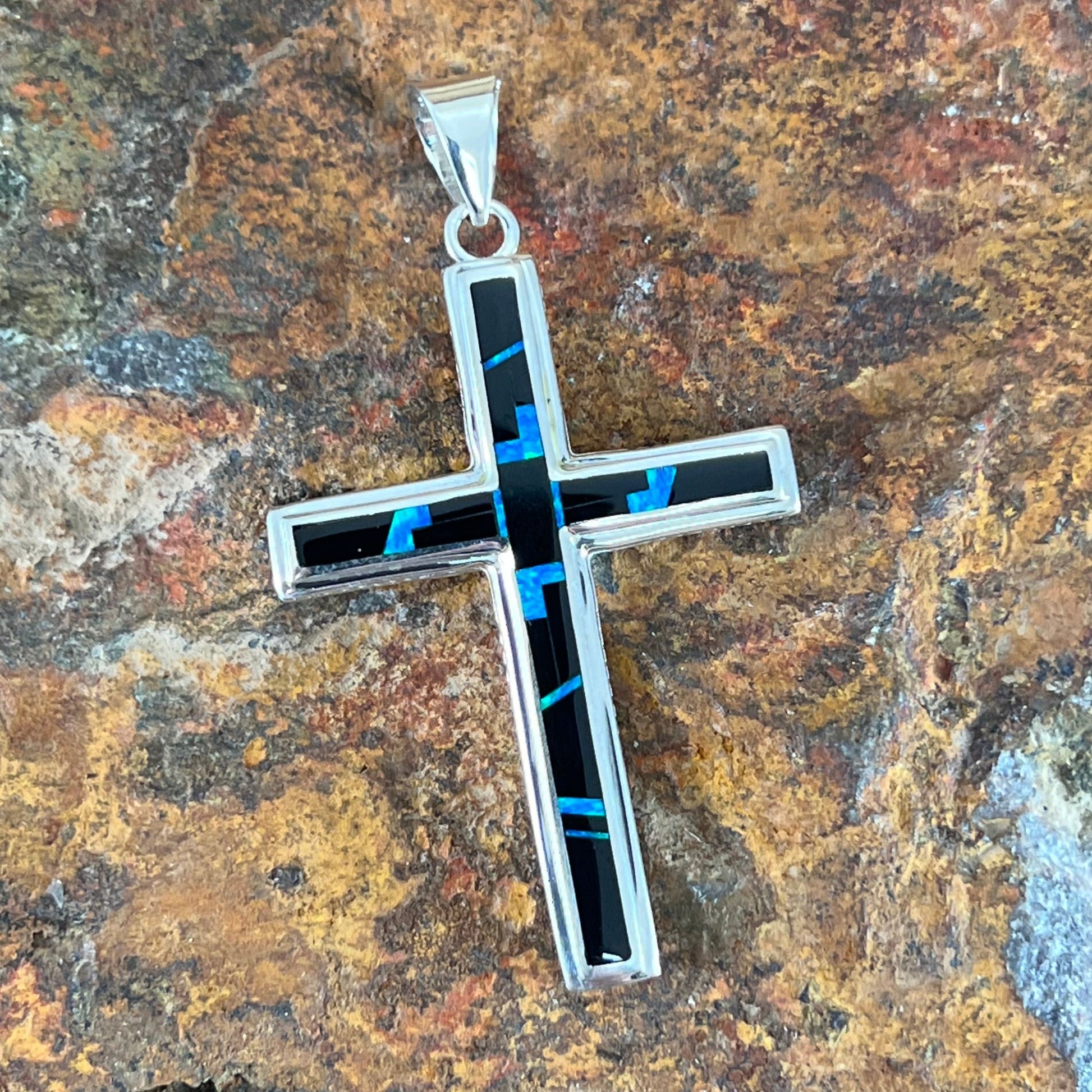 David Rosales Black Beauty Fancy Inlaid Sterling Silver Pendant Cross