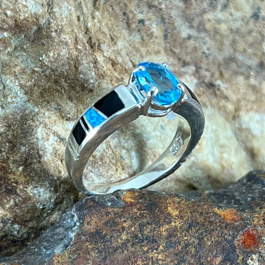 David Rosales Black Beauty Inlaid Sterling Silver Ring w/ Blue Topaz