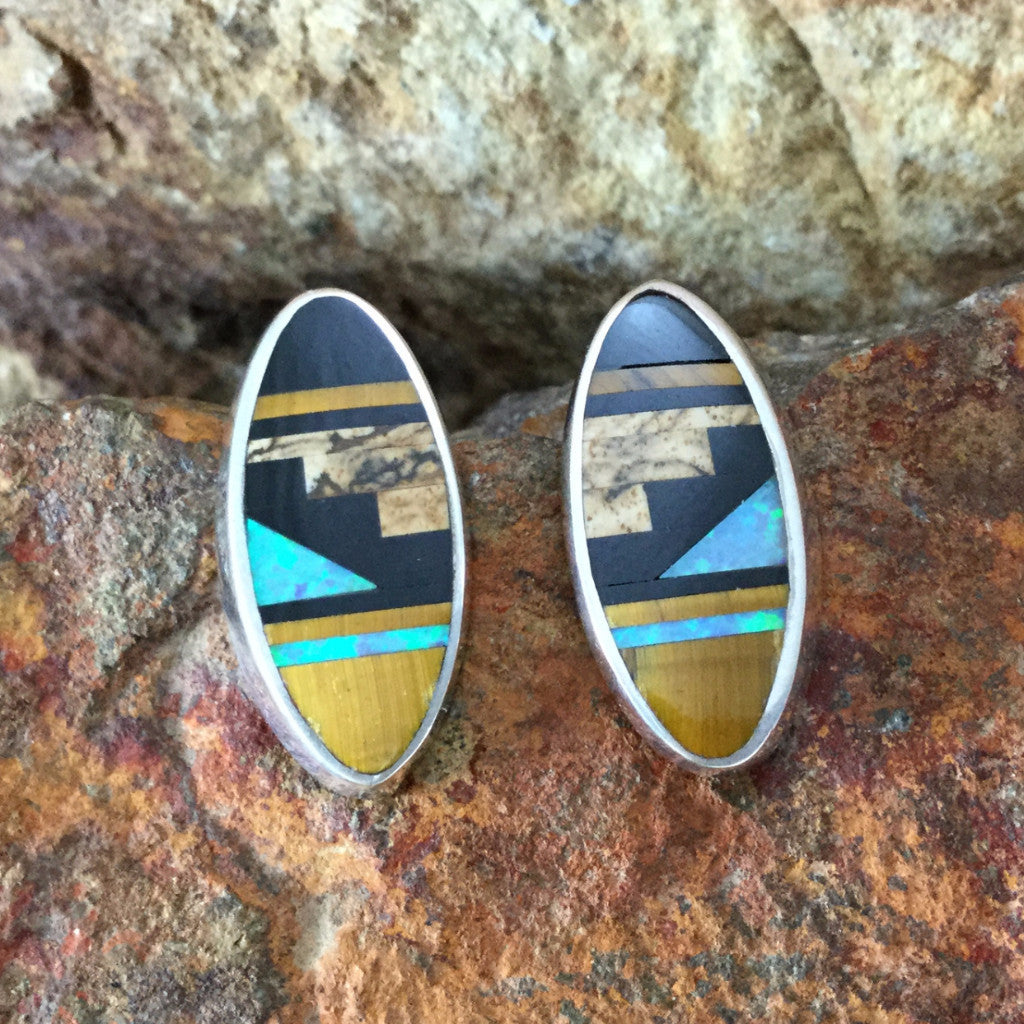 David Rosales Native Lite Fancy Inlaid Sterling Silver Earrings