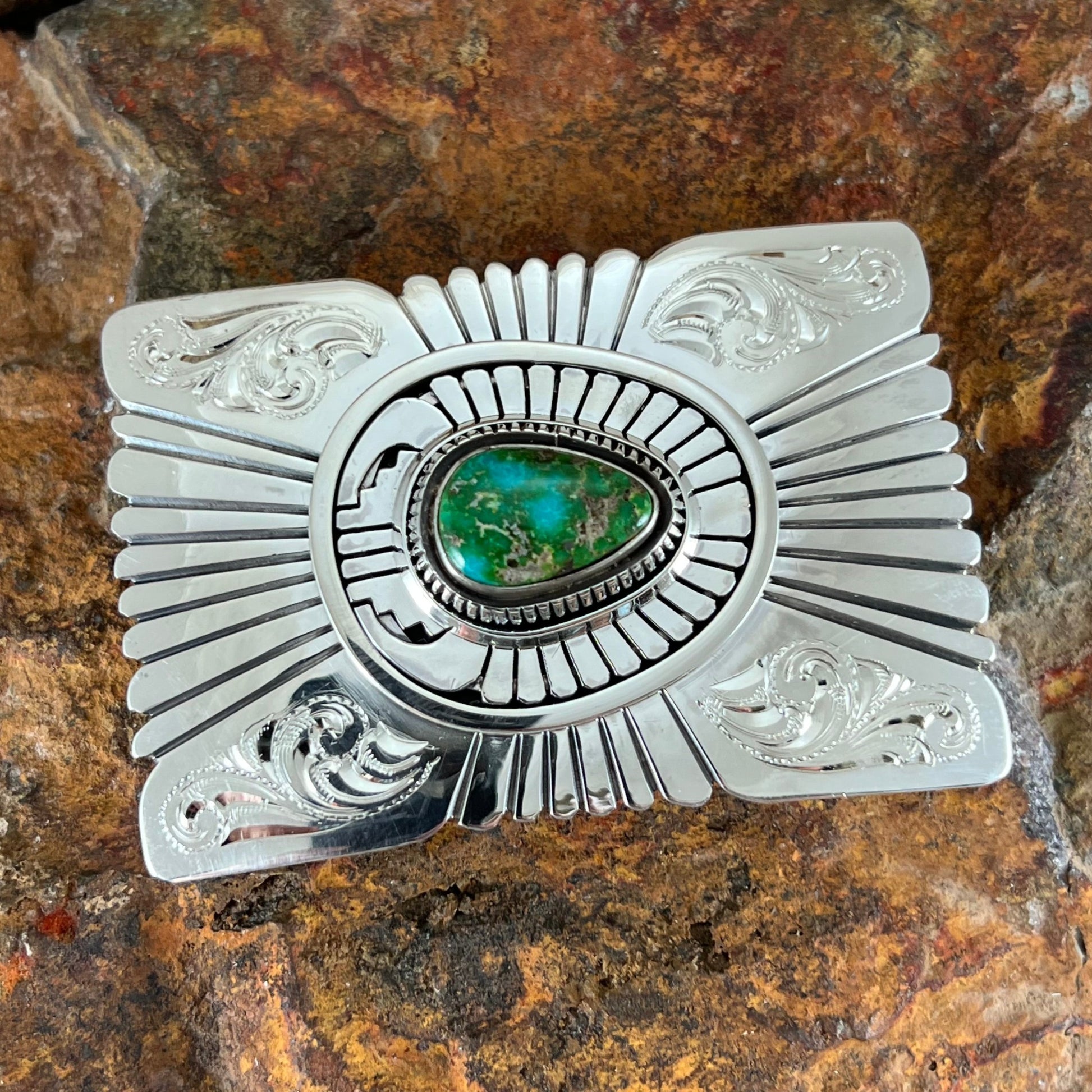 Sonoran Turquoise Sterling Silver Belt Buckle by Leonard Nez