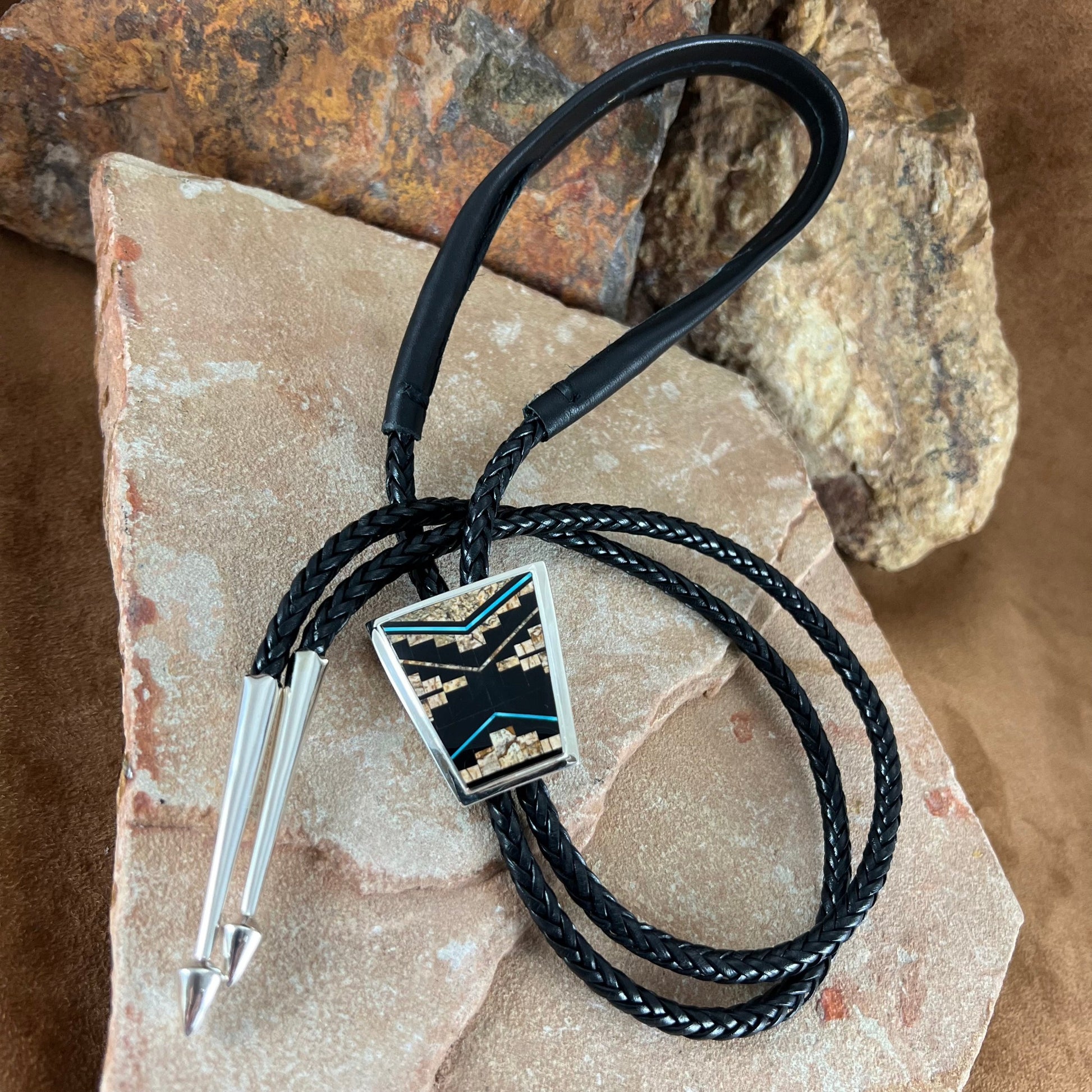 as part of the Turquoise Creek Collection features Black Jade, Picture Jasper and Kingman Turquoise in a Fancy Inlay Pattern. 