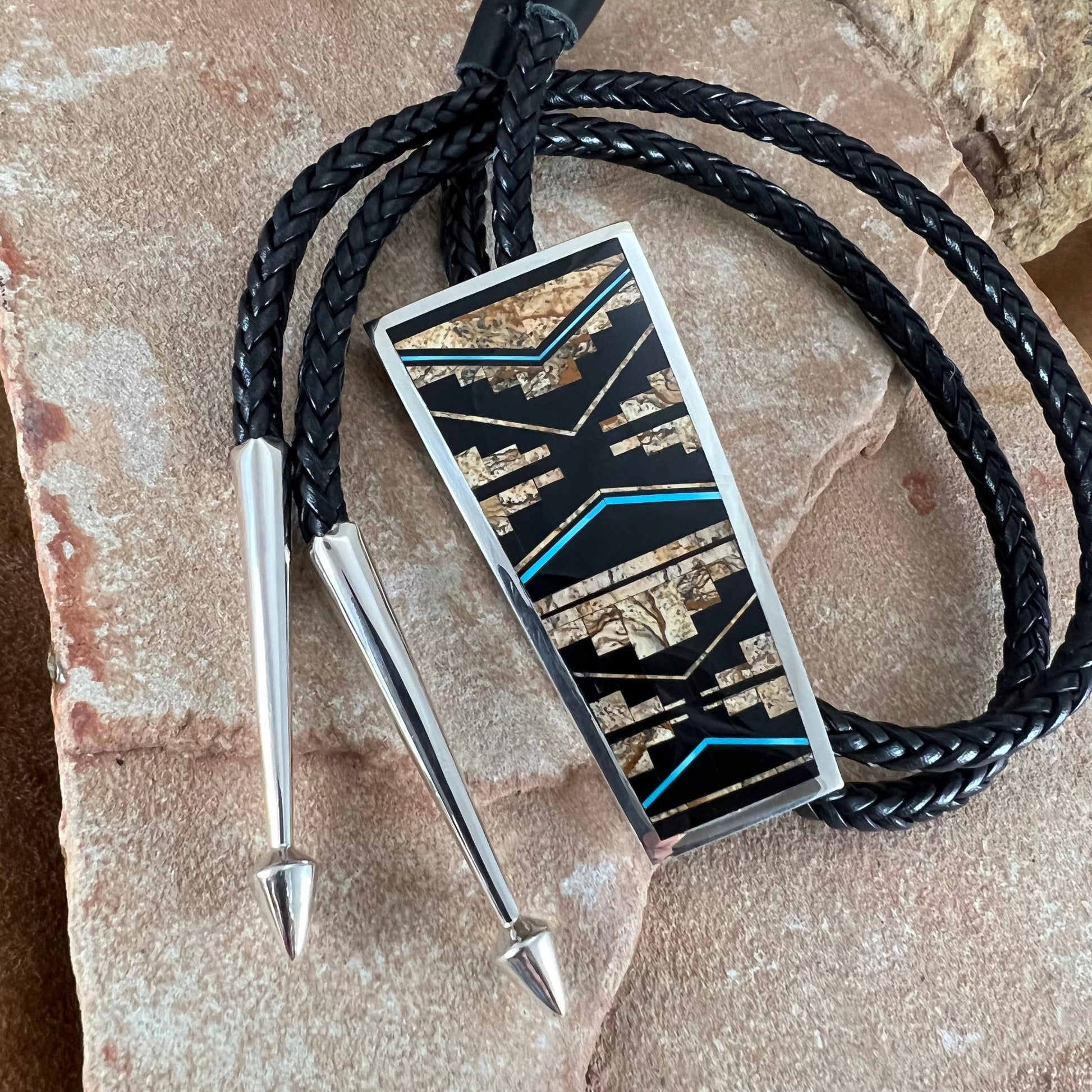 David Rosales Turquoise Creek Fancy Inlaid Sterling Silver Bolo Tie