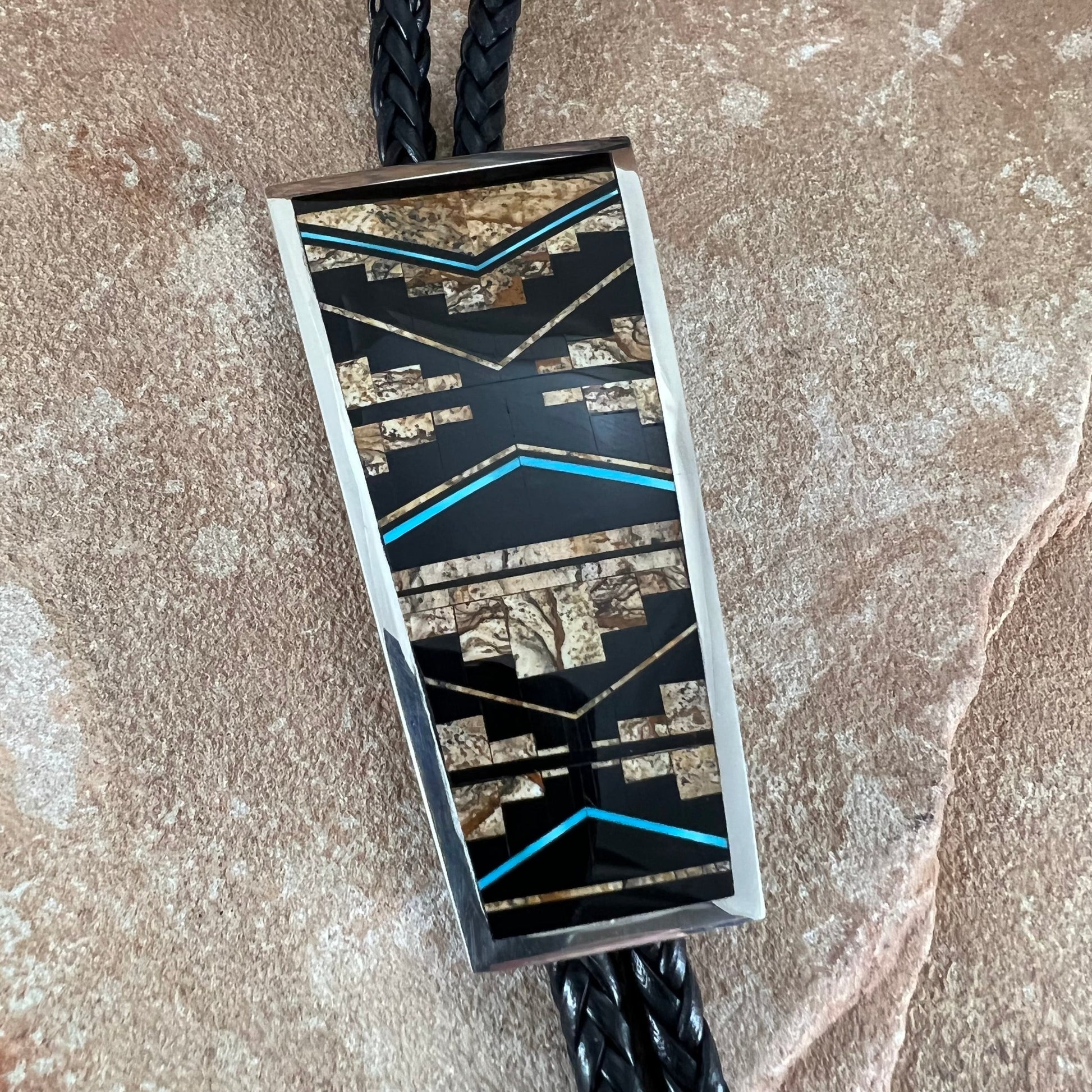 David Rosales Turquoise Creek Fancy Inlaid Sterling Silver Bolo Tie