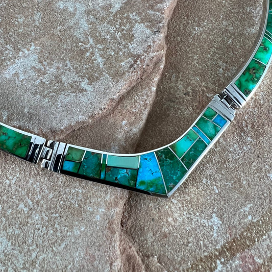 David Rosales Sonoran Gold Turquoise Inlaid Sterling Silver Necklace