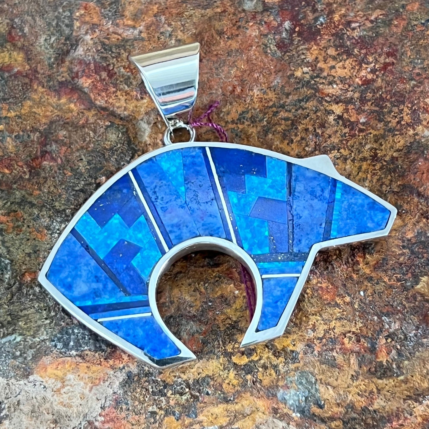 David Rosales Blue Sky Fancy Inlaid Sterling Silver Pendant Bear