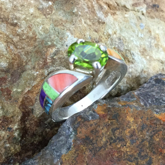 David Rosales Indian Summer Inlaid Sterling Silver Ring w/ Peridot