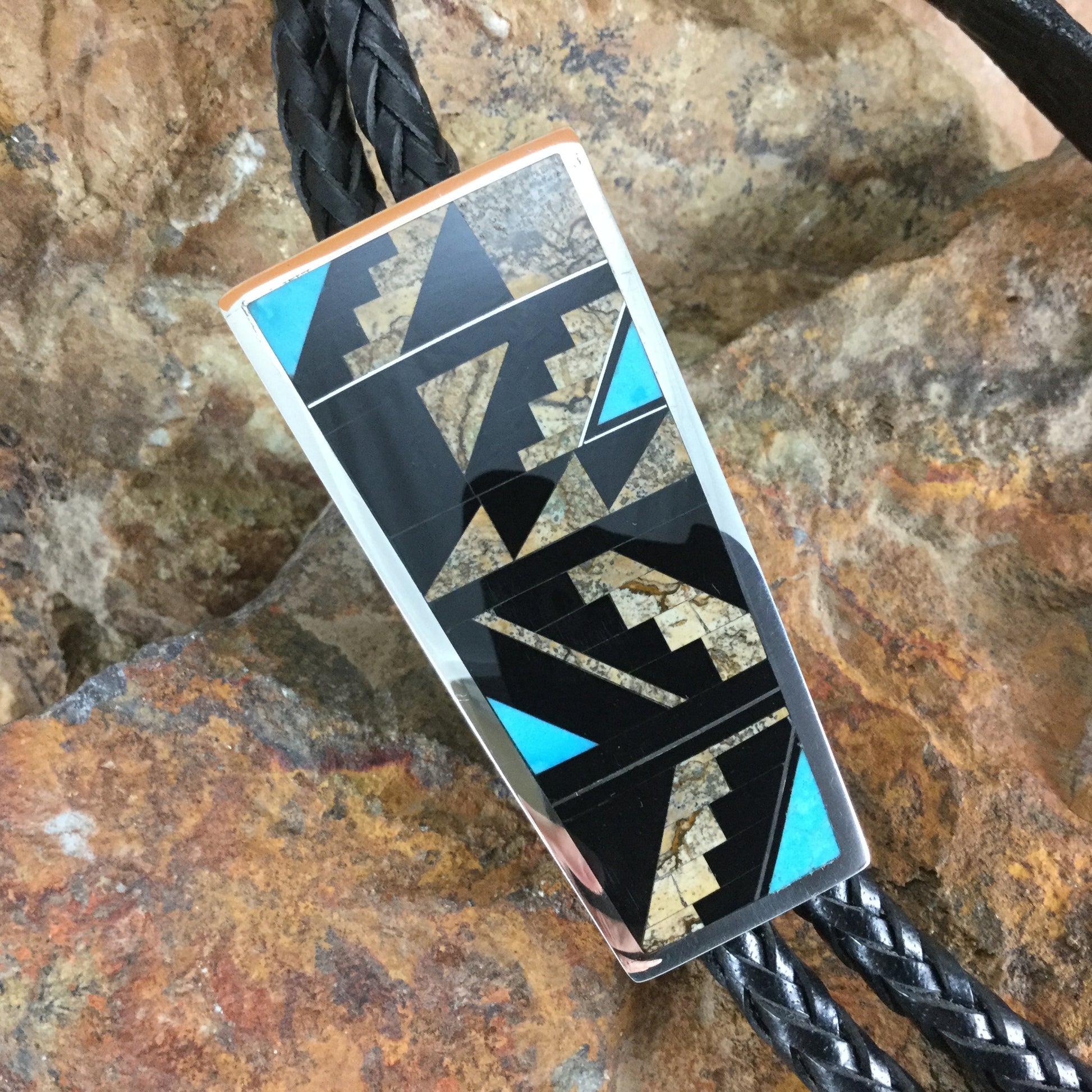 David Rosales Turquoise Creek Inlaid Sterling Silver Bolo Tie