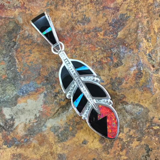 David Rosales Red Moon Inlaid Sterling Silver Pendant Feather