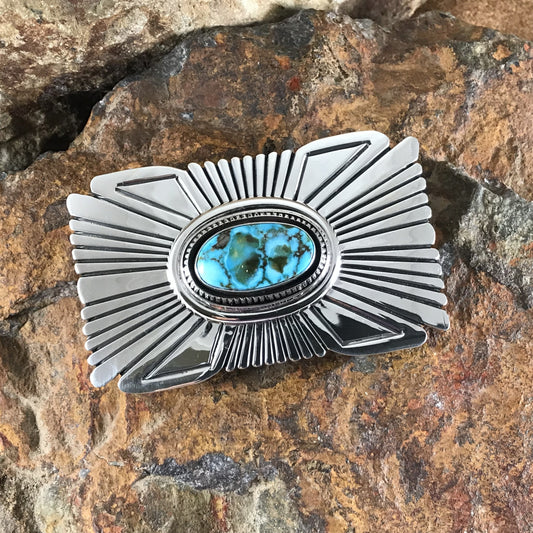 Kingman Turquoise Sterling Silver Belt Buckle by Leonard Nez