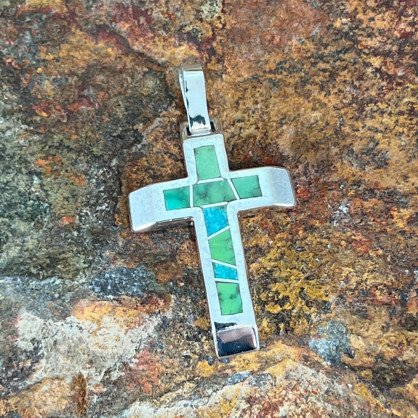 David Rosales Sonoran Gold Inlaid Sterling Silver Pendant Cross