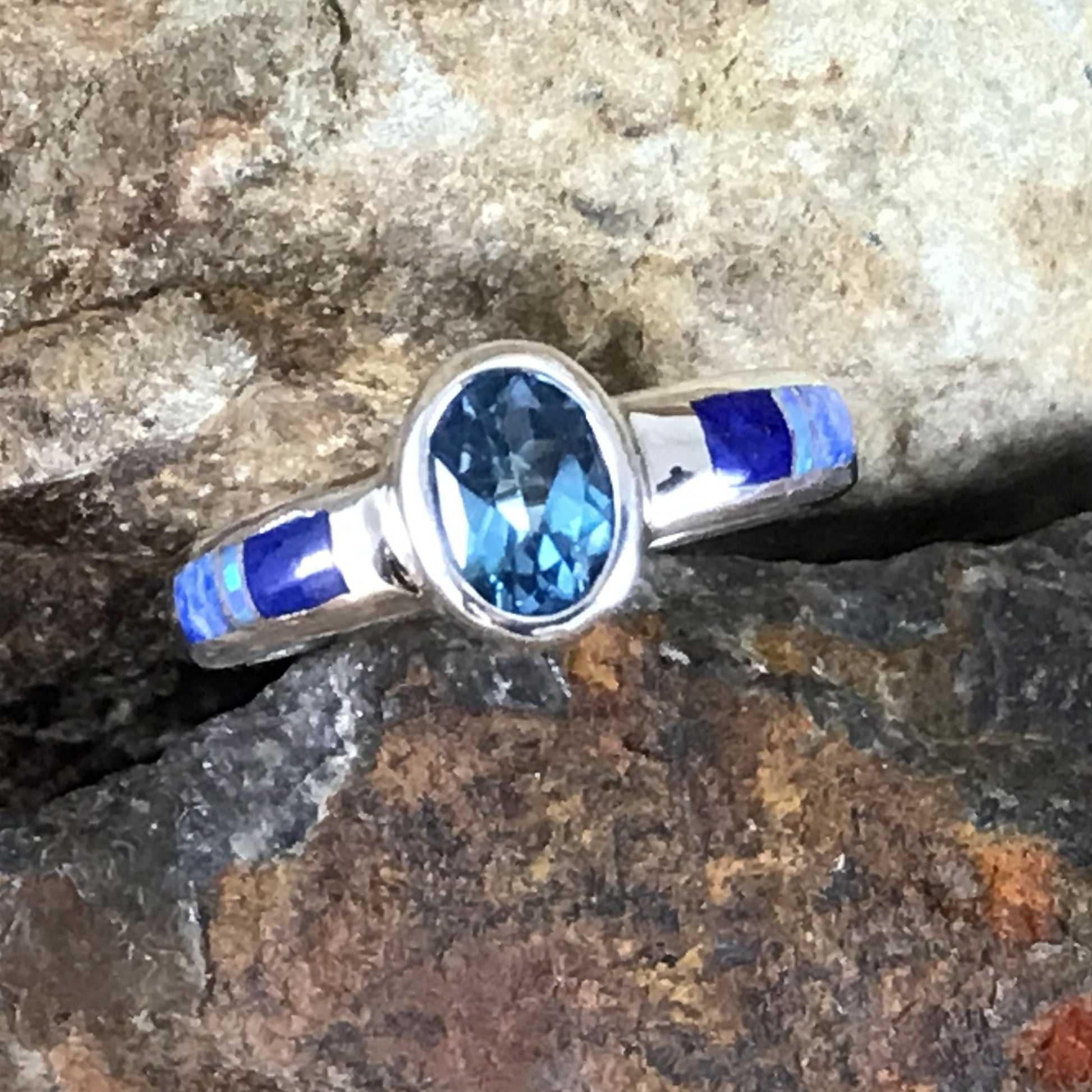 David Rosales Blue Sky Fancy Inlaid Sterling Silver Ring w/ Blue Topaz