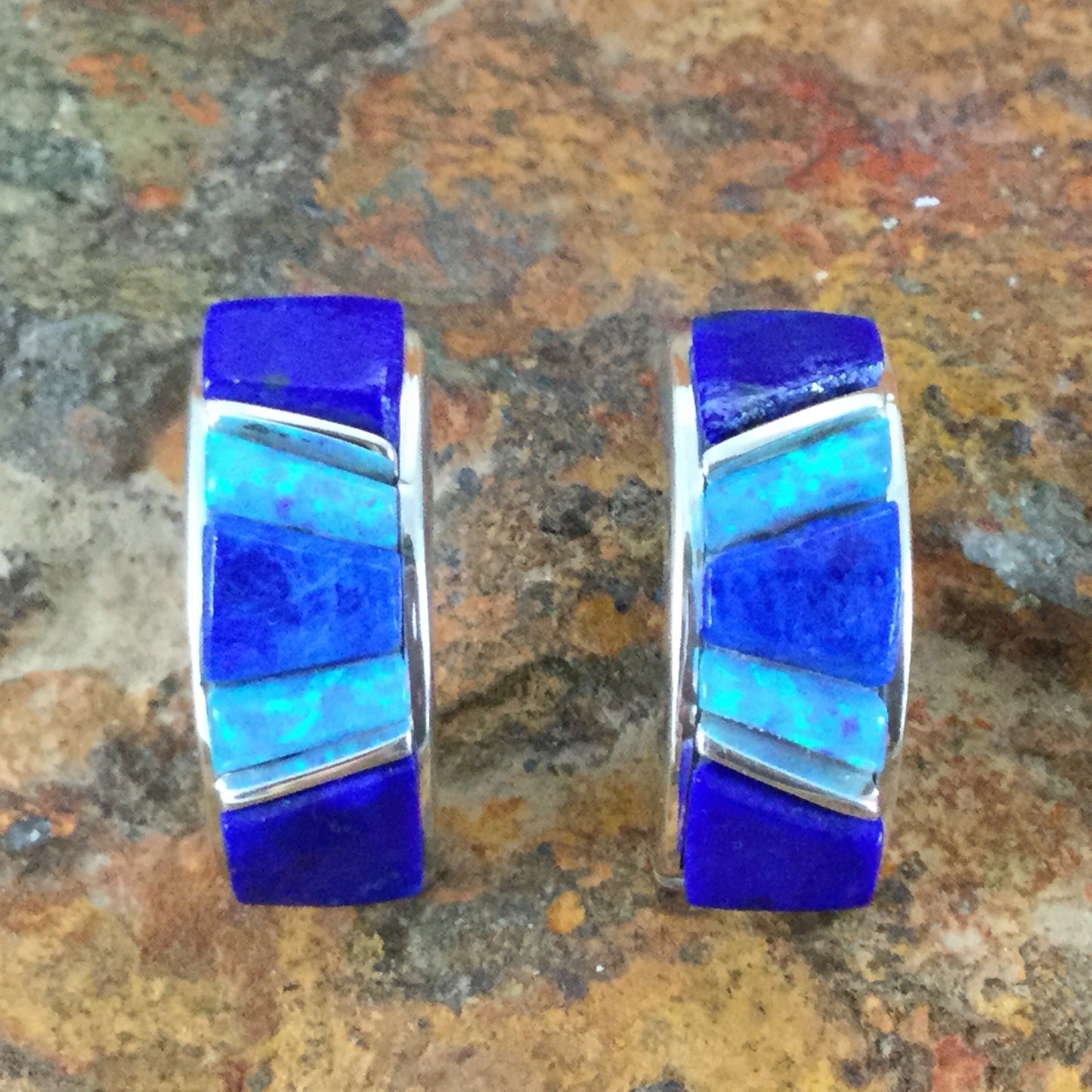 David Rosales Blue Sky Inlaid Sterling Silver Earrings Cobble