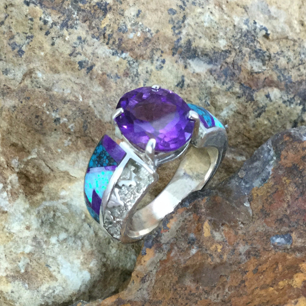 David Rosales Shalako Fancy Inlaid Sterling Silver Ring w/ Amethyst