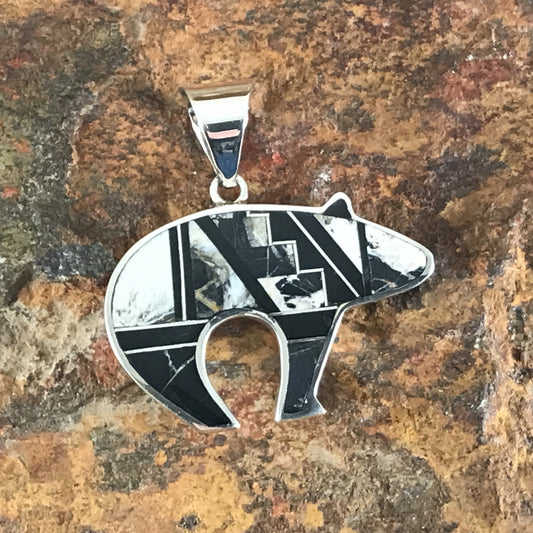 David Rosales White Buffalo Inlaid Sterling Silver Pendant Bear