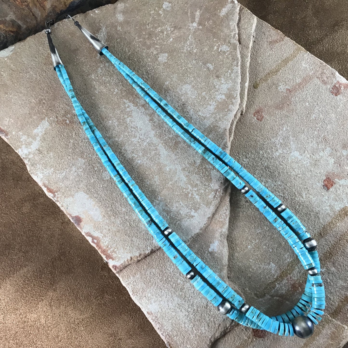 21" Two Strand Kingman Turquoise Sterling Silver Beaded Necklace by Daniel Coriz