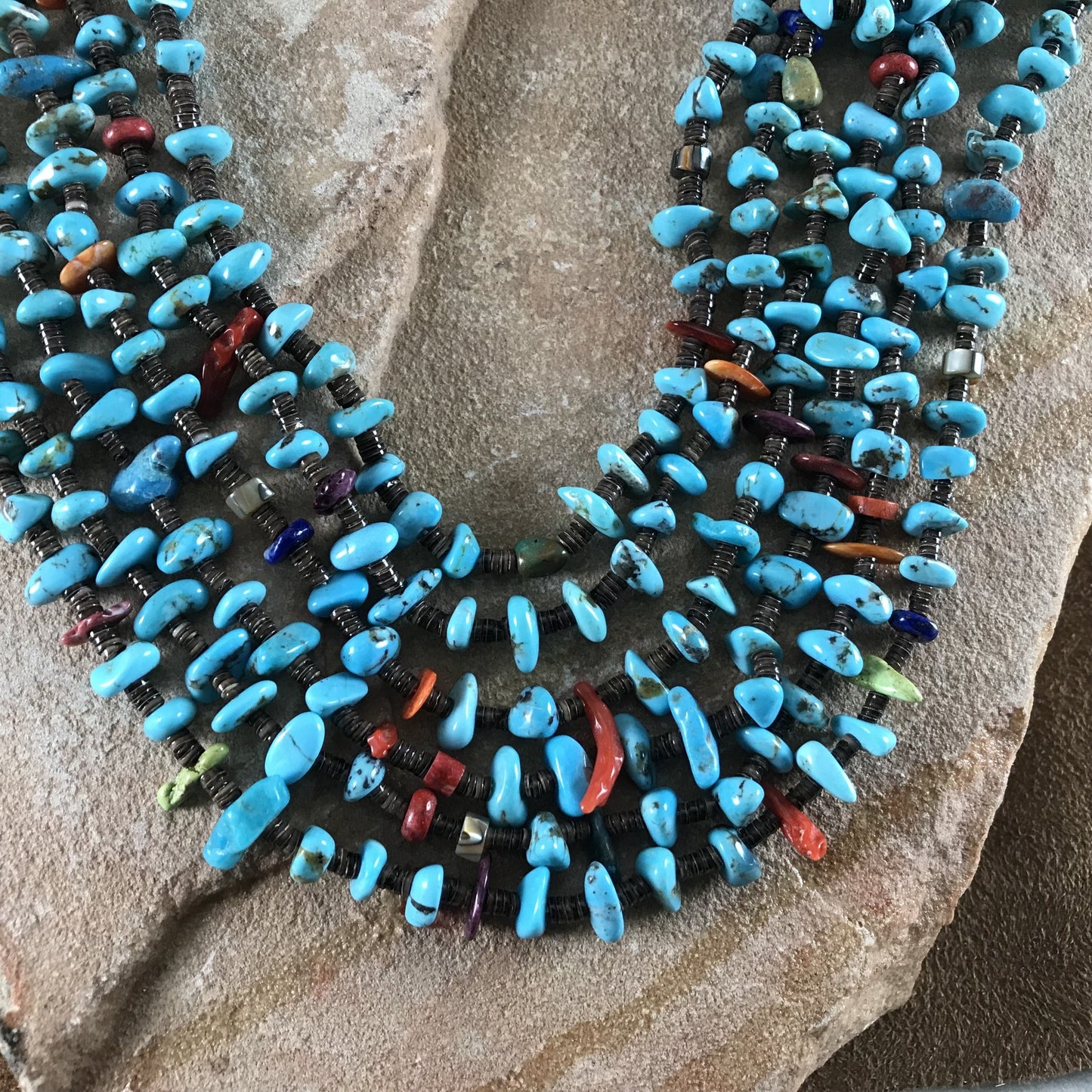 29" Six Strand Kingman Turquoise, Spiny, Lapis Beaded Necklace by Daniel Coriz