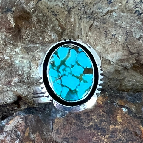 Web Kingman Turquoise Sterling Silver Ring by Wil Denetdale - Size 6.5 Adj.