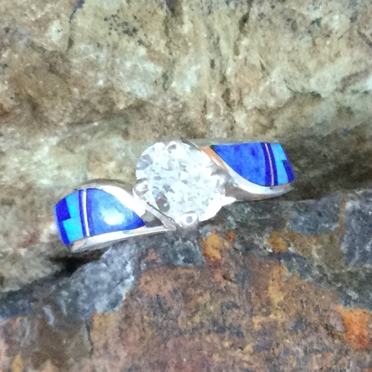 David Rosales Blue Sky Fancy Inlaid Sterling Silver Ring w/ Cubic Zirconia