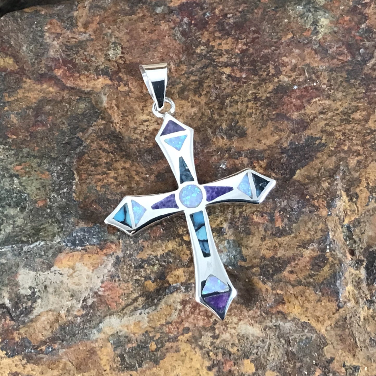 David Rosales Shalako Inlaid Sterling Silver Pendant Cross